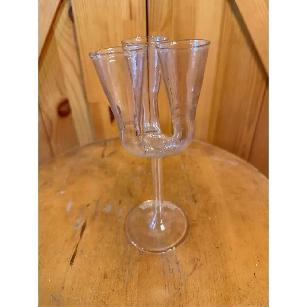 VINTAGE GOLDSCHLAGER TRIPLE FLUTE TRIO LONG STEMMED CORDIAL GLASS GERMANY (7504)